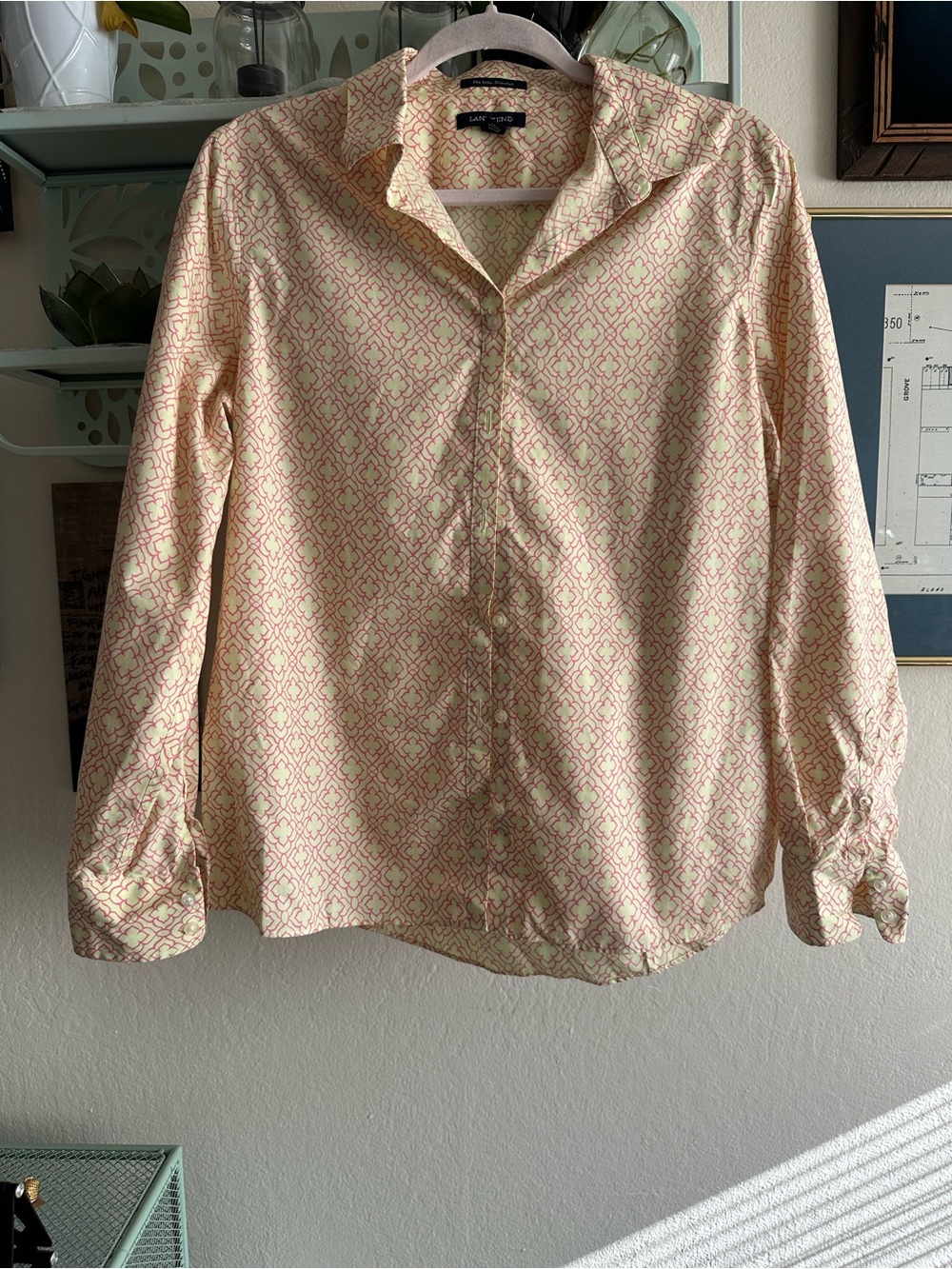 Lands' End Pink and Cream Geometric Button-Up Shirt